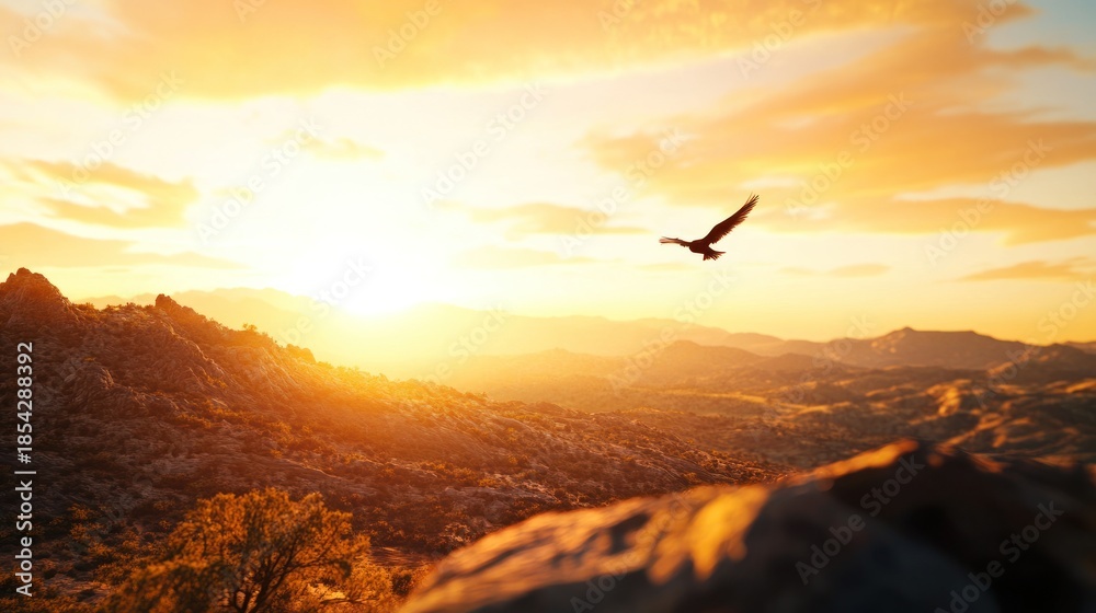 Naklejka premium Eagle soars sunset mountains landscape freedom