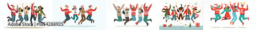 vector group of people jumping happily celebrating Christmas