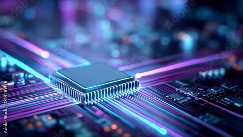 Cpu microchip processing data with futuristic neon lights