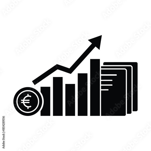 Financial growth represented by a rising graph and euro symbol black silhouette