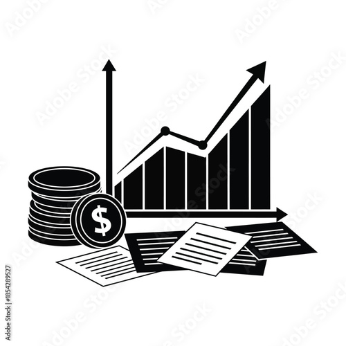 Financial growth represented by a bar graph coins and documents silhouette