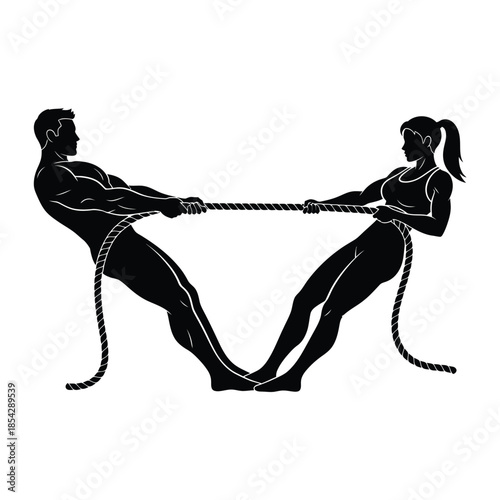 A strong man and woman engaged in a tug of war contest black silhouette
