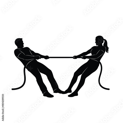 A dynamic tug of war scene depicted with two figures in stark contrast silhouette