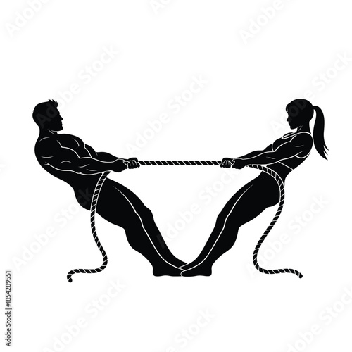 A dramatic depiction of two individuals in intense tug of war a striking silhouette