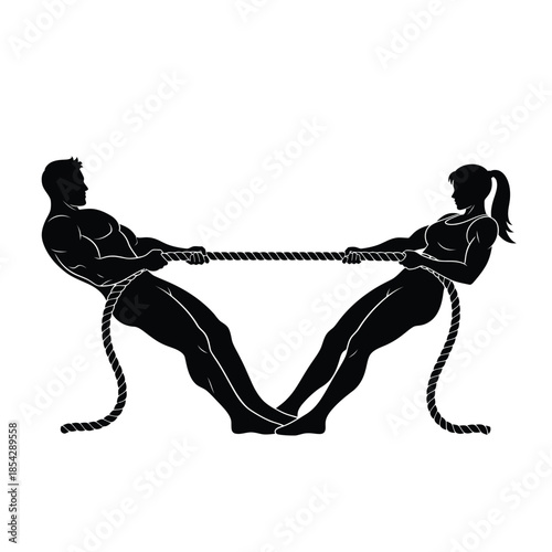 Two people engaged in a fierce tug of war competition black and white silhouette