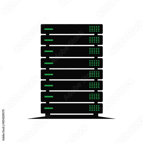 A modern server rack with glowing green lights a striking digital infrastructure silhouette