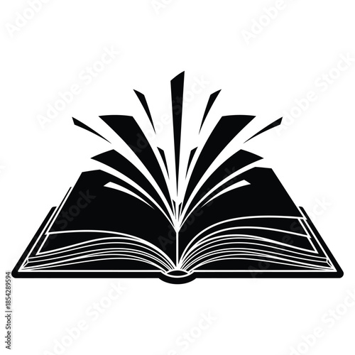 An open book with pages radiating outward depicted as a striking black silhouette