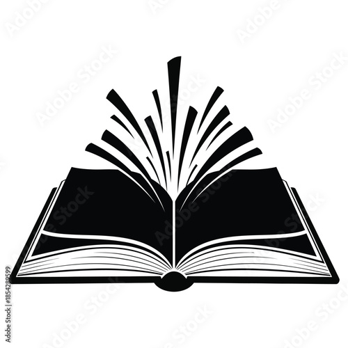 An open book with pages radiating outwards in a dramatic artistic silhouette