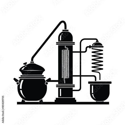 Vintage alchemy equipment illustration depicting a distillation apparatus in black silhouette