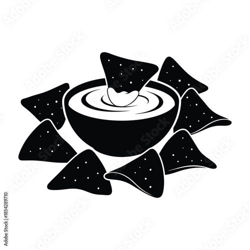 A black silhouette of a bowl of dip surrounded by tortilla chips silhouette