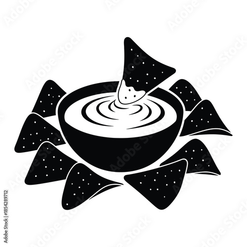 A black and white image depicting a bowl of dip with tortilla chips silhouette