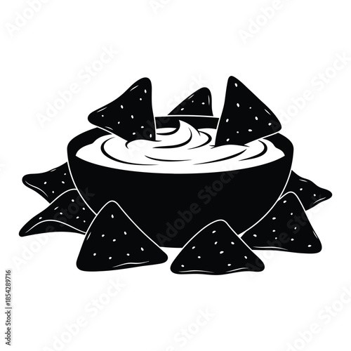 A black and white illustration of tortilla chips and dip in a bowl silhouette