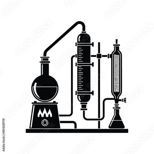 detailed illustration of a classic laboratory distillation apparatus in black silhouette