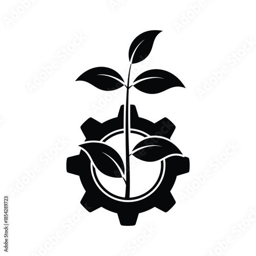 A striking image of a plant growing from gears representing nature and technology silhouette