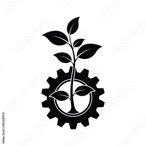 A striking image of a plant sprouting from a gear mechanism silhouette