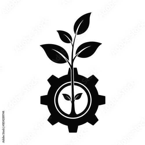A striking image of a plant growing from gears presented as a bold silhouette