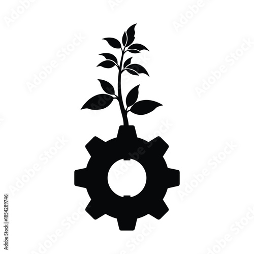 A delicate plant growing from a mechanical gear symbolizing innovation and growth silhouette