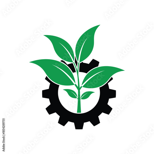 Green leaves growing from a mechanical gear representing eco friendly technology silhouette