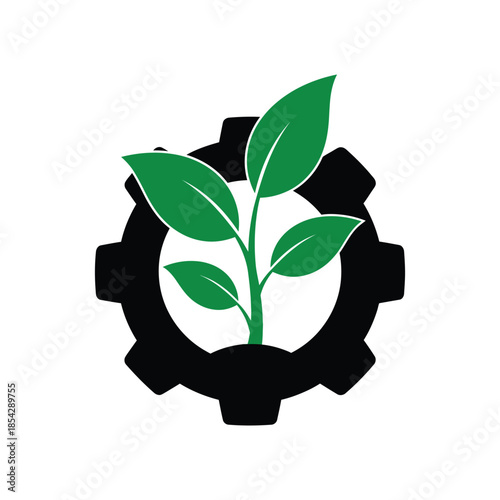 A green plant growing within a black gear representing eco friendly technology silhouette