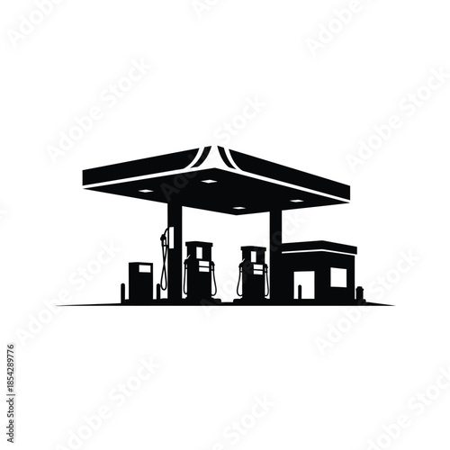A striking black silhouette of a gas station with pumps and a convenience store silhouette