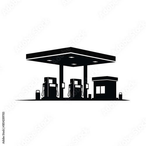 A striking black silhouette of a gas station with pumps and a small building silhouette