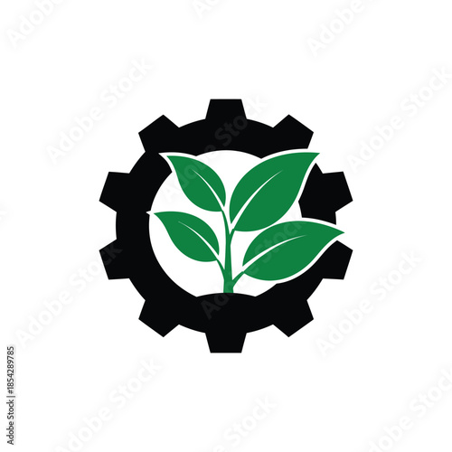 Green leaves growing inside a black gear representing eco friendly technology silhouette