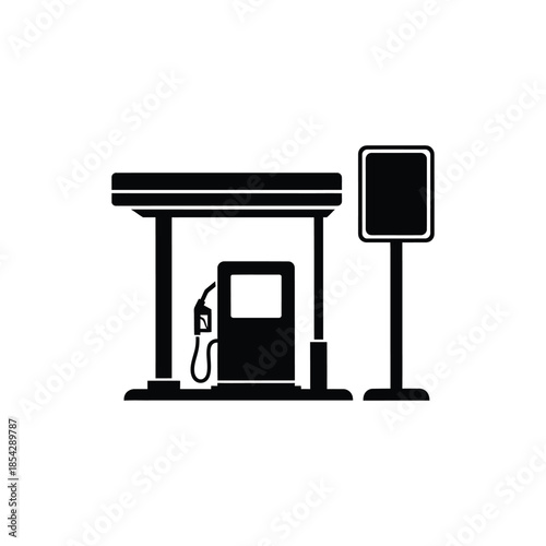 Simple black and white illustration of a gas station with a pump and sign silhouette