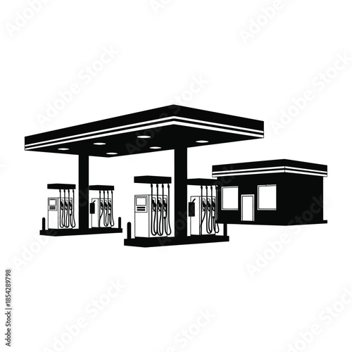 A stark depiction of a gas station with pumps and a convenience store silhouette