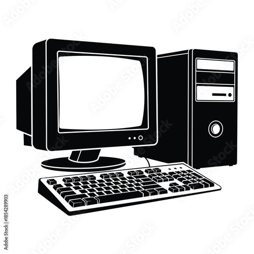 Vintage computer setup with monitor keyboard and system unit in dark silhouette