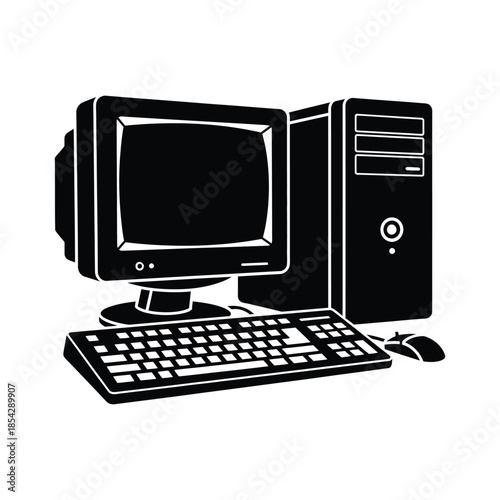 A classic desktop computer setup including monitor keyboard mouse and tower silhouette