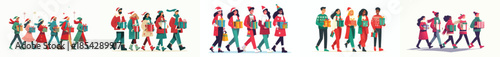 vector group of people walking carrying Christmas gifts together