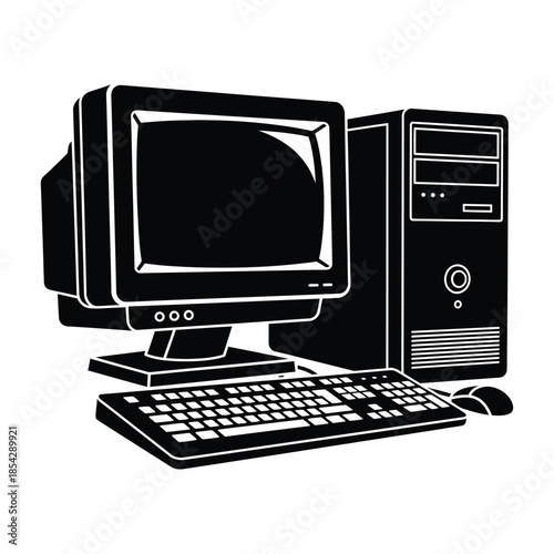 Classic desktop computer setup with monitor keyboard and mouse a striking silhouette