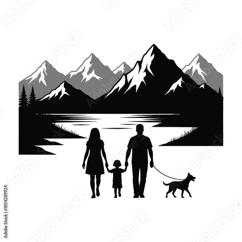 Family with dog walking by lake and mountains a striking black silhouette