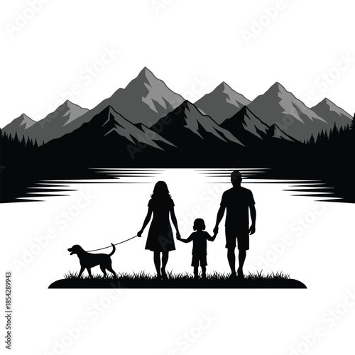Family with dog walking near a lake framed by mountains a beautiful silhouette