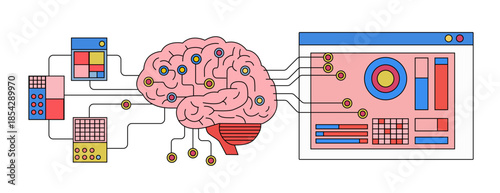 Human brain wired to input data grids and outputting to a dashboard screen with charts and graphs in soft pastel colors. Conceptual vector illustration for artificial intelligence, machine learning.