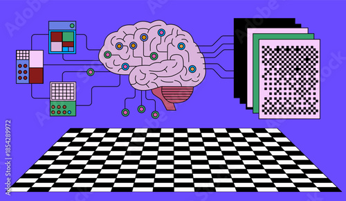Brain connected by colorful nodes and wires to input data panels and layered output screens with patterns. Conceptual vector illustration for artificial intelligence, neural networks, deep learning.