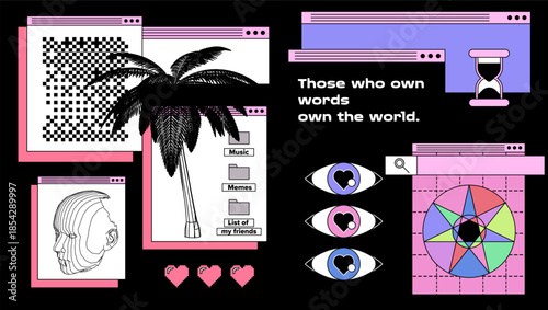 Retro vaporwave vector illustration with overlapping pink-bordered windows displaying palm trees, wireframe heads, icons, and the quote "Those who own words own the world" on a black background.