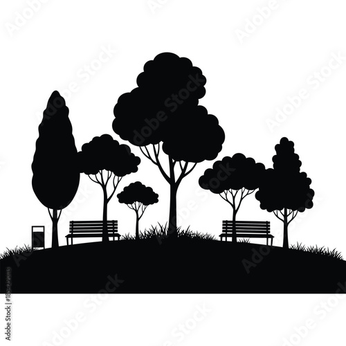 A peaceful park scene with trees benches and a grassy hill silhouette