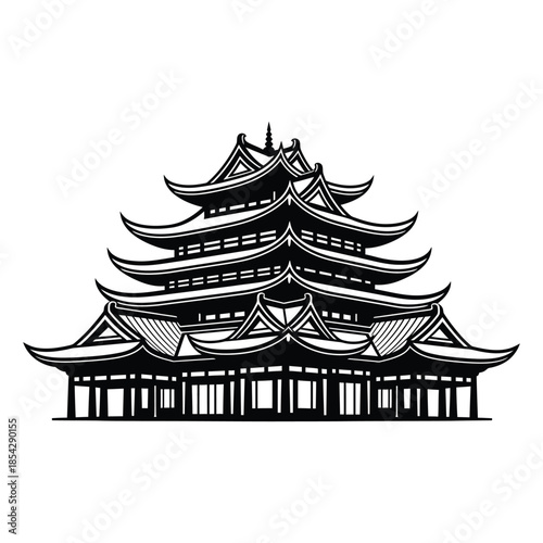 Intricate japanese pagoda building with multiple tiers a beautiful black and white silhouette
