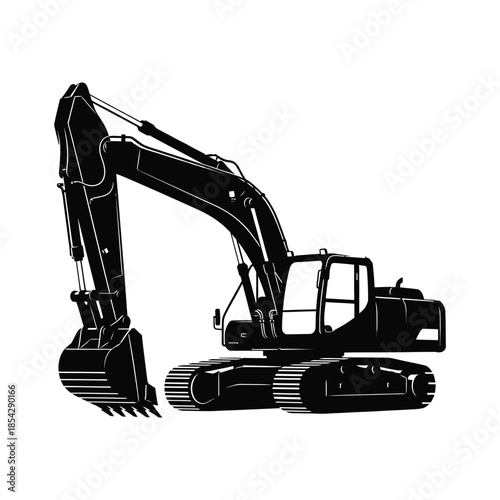 Detailed black and white illustration of a powerful excavator construction machine silhouette