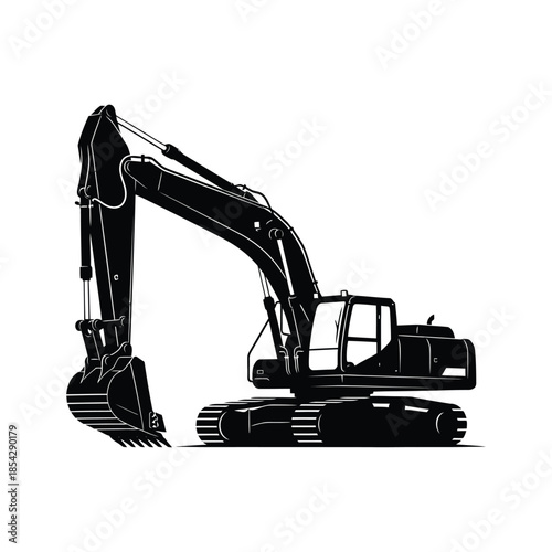 Detailed black silhouette of a heavy duty excavator construction machine against a white background silhouette