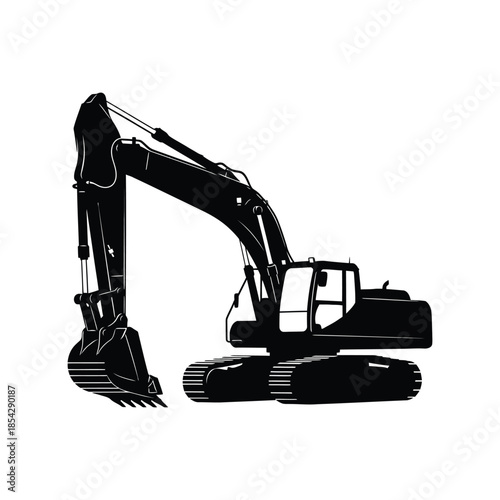 Detailed black and white illustration of a heavy machinery excavator a striking silhouette
