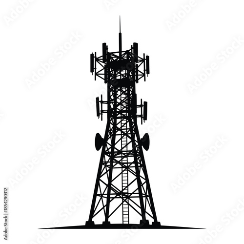 A tall communication tower against a white background showcasing a striking silhouette
