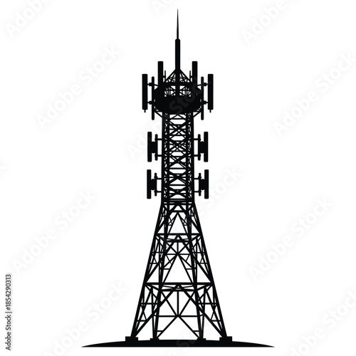 A tall communication tower stands against a white backdrop a striking silhouette