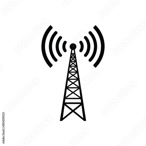 A simple black and white illustration of a radio tower with signal waves silhouette