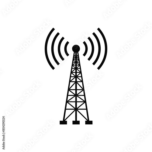 A simple black radio transmission tower graphic with radiating waves a striking silhouette