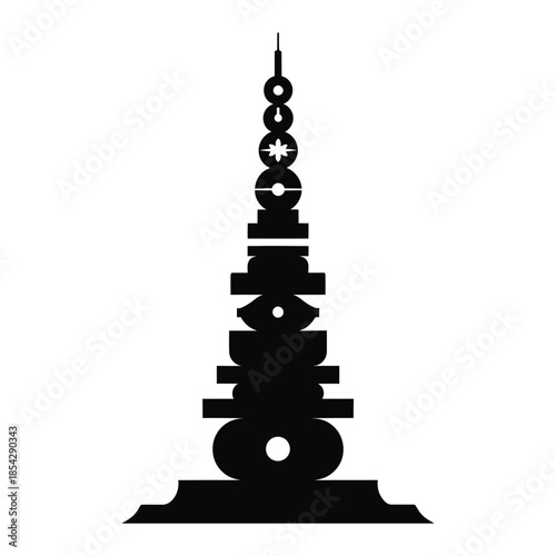 A striking black silhouette of a tiered temple structure with a starburst motif silhouette