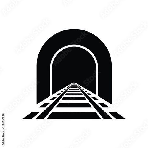 A dark tunnel with converging railway tracks leading into the distance silhouette