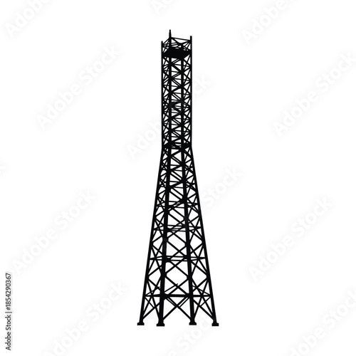 A striking black and white illustration of a tall industrial tower a detailed silhouette