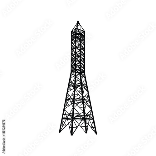Detailed black lattice structure resembling a tower or rocket a striking silhouette